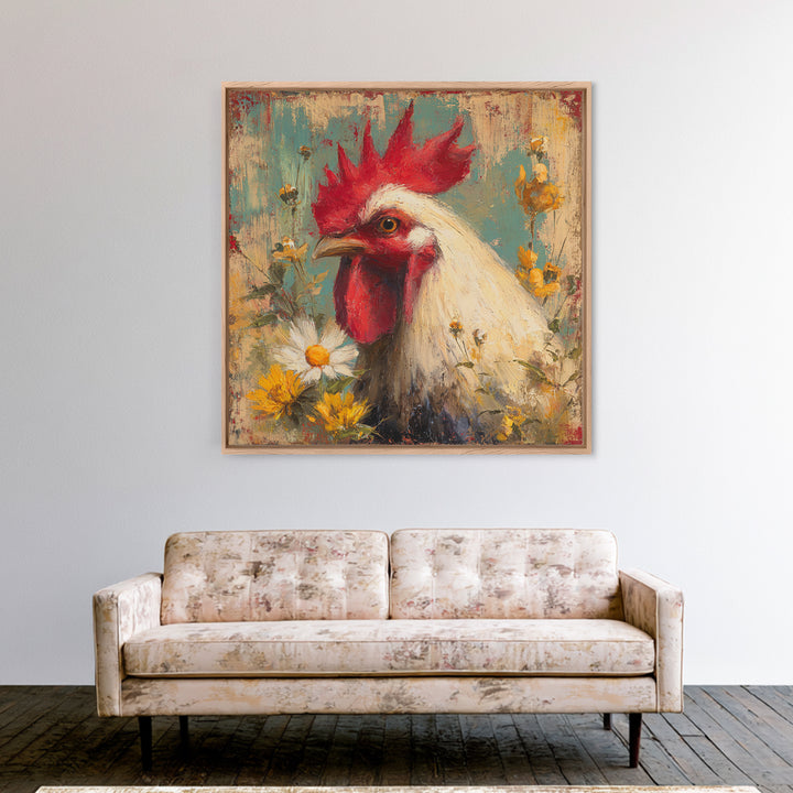 Rooster and Wildflower Country Portrait Canvas Print, Bed and Breakfast Art, Farmhouse Wall Decor, Living Room Decor, BAB-1x1-43