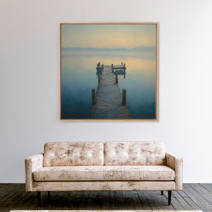 Quiet Lake Dock at Early Morning Framed Canvas Print, Bed and Breakfast Art, Coffee Wall Art, Living Room Decor, Oil Painting, BAB-1x1-46