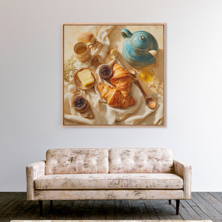Fresh Croissants and Jam on a Linen Canvas Print, Bed and Breakfast Art, Folk Art, Living Room Decor, Abstract Art, BAB-1x1-50