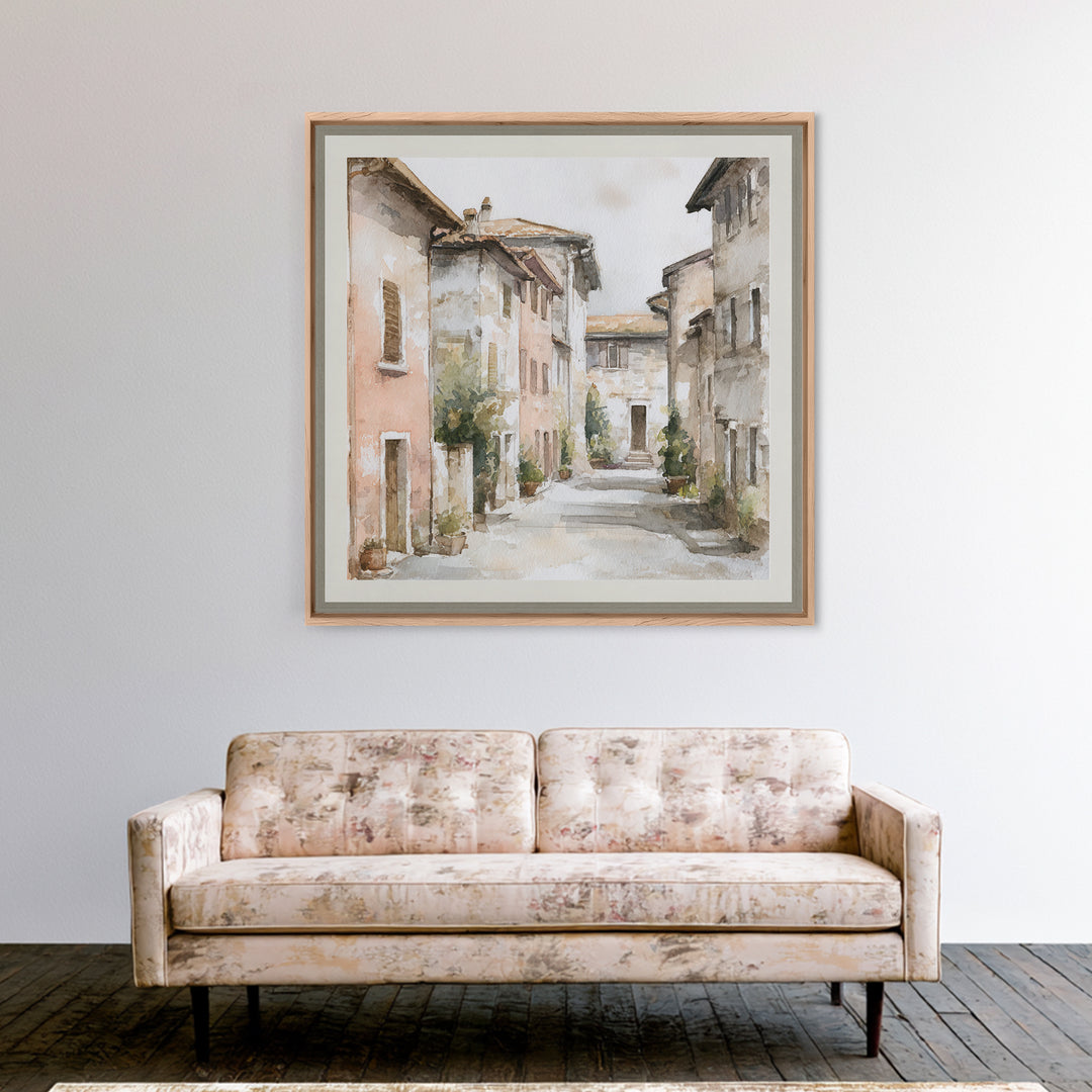 Soft Watercolor Village Street at Dawn Canvas Print, Bed and Breakfast Art, Textured Painting, Living Room Decor, BAB-1x1-53