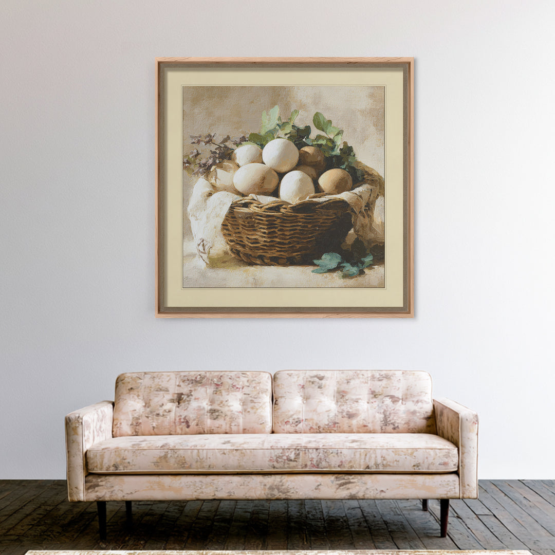 Fresh Eggs in a Woven Basket with Canvas Print, Bed and Breakfast Art, Bedroom Art, Living Room Decor, Oil Painting, BAB-1x1-54
