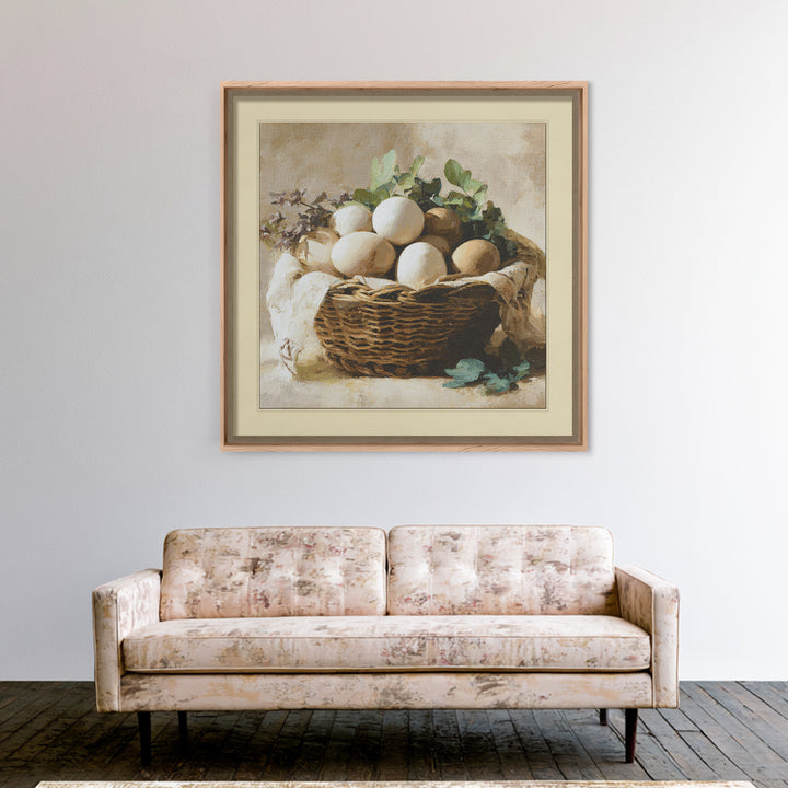 Fresh Eggs in a Woven Basket with Canvas Print, Bed and Breakfast Art, Bedroom Art, Living Room Decor, Oil Painting, BAB-1x1-54