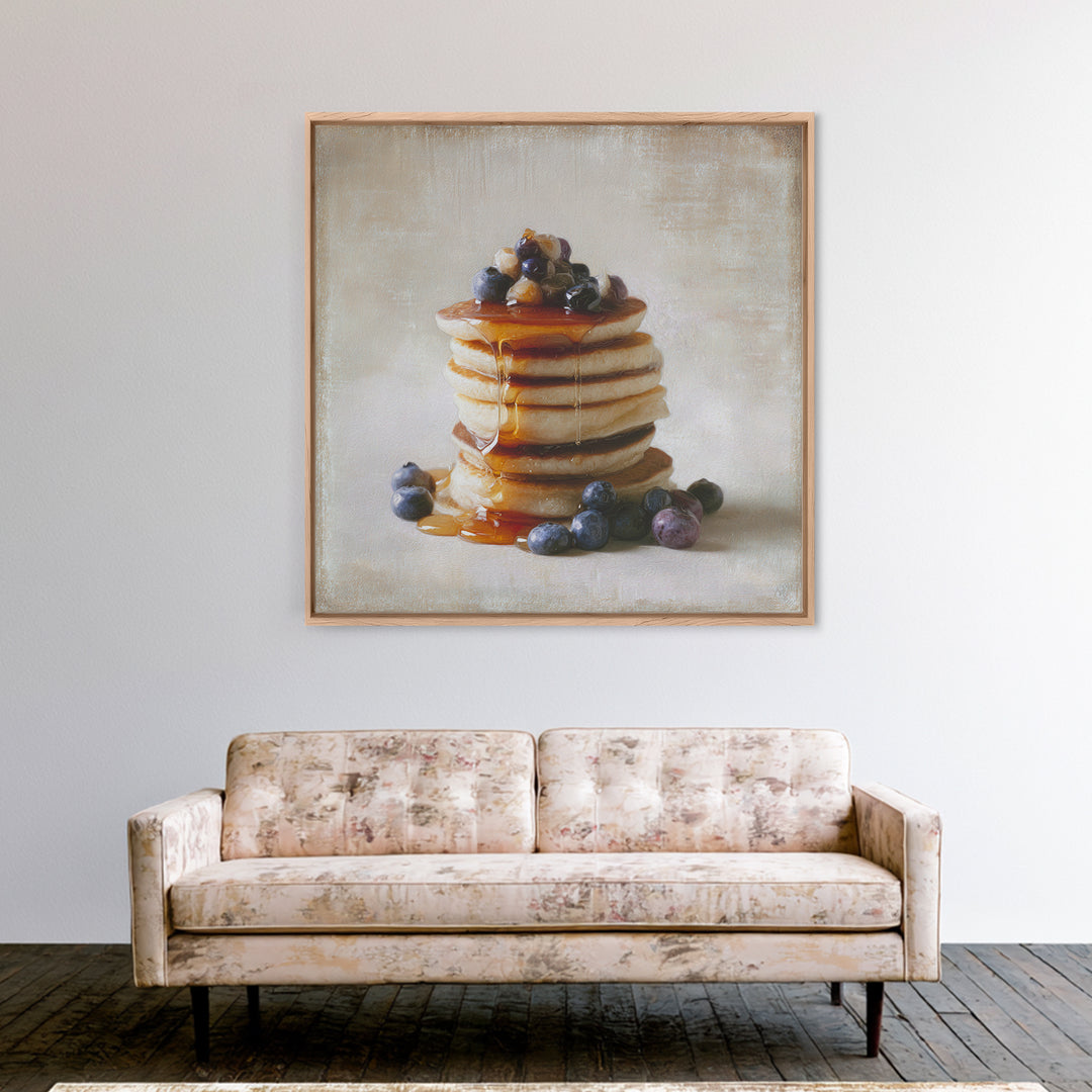 Blueberry Pancakes Still Life Framed Canvas Print, Bed and Breakfast Art, Abstract Art, Living Room Decor, Fine Art, BAB-1x1-56
