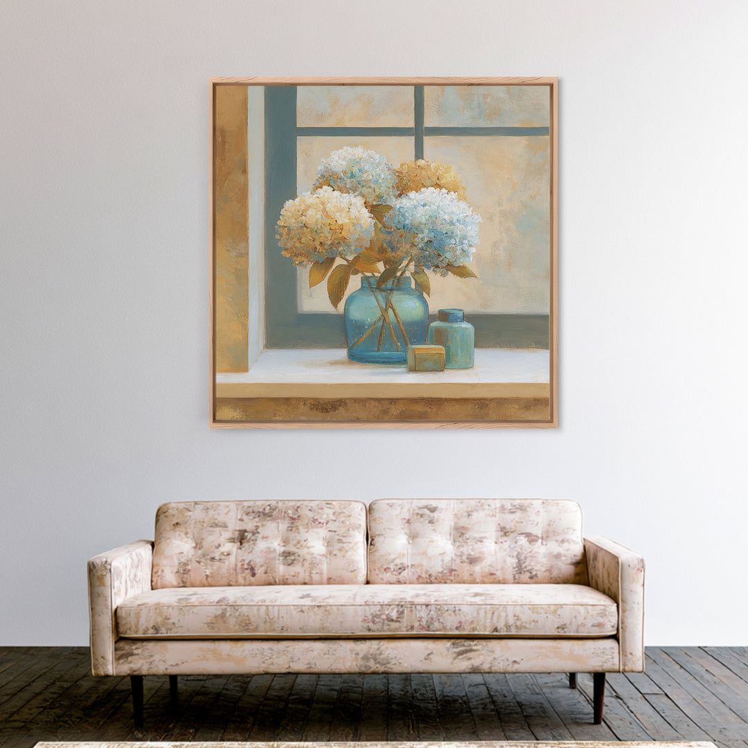 Sunlit Hydrangeas on a Windowsill Canvas Print, Bed and Breakfast Art, Rustic Home Decor, Living Room Decor, BAB-1x1-58