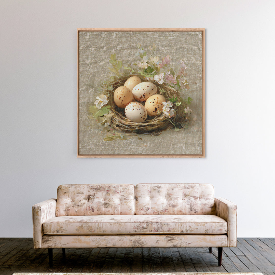 Fresh Eggs in a Woven Basket with Framed Canvas Print, Bed and Breakfast Art, Coffee Art, Living Room Decor, Watercolor Art, BAB-1x1-6