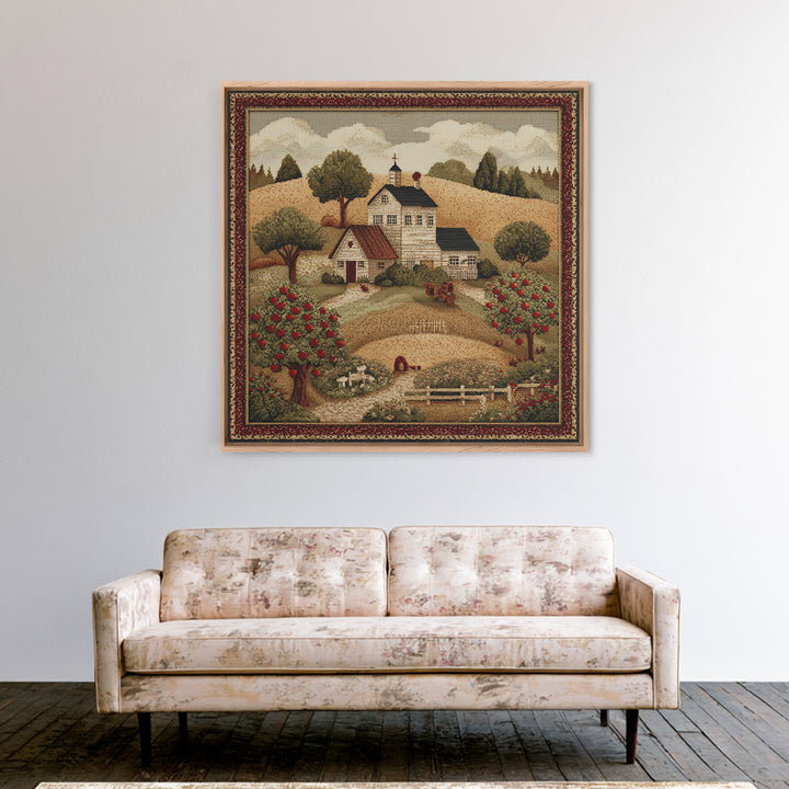 Apple Orchard Scene Framed Canvas Print, Bed and Breakfast Art, Boho Decor, Living Room Decor, Oil Painting, BAB-1x1-61