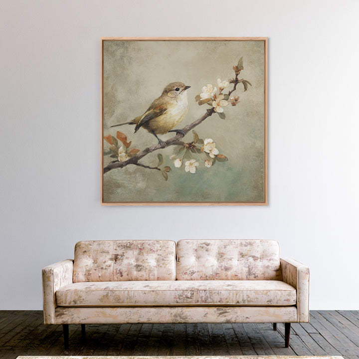 Small Bird on a Flowering Branch Framed Canvas Print, Bed and Breakfast Art, Gallery Decor, Living Room Decor, Fine Art, BAB-1x1-62