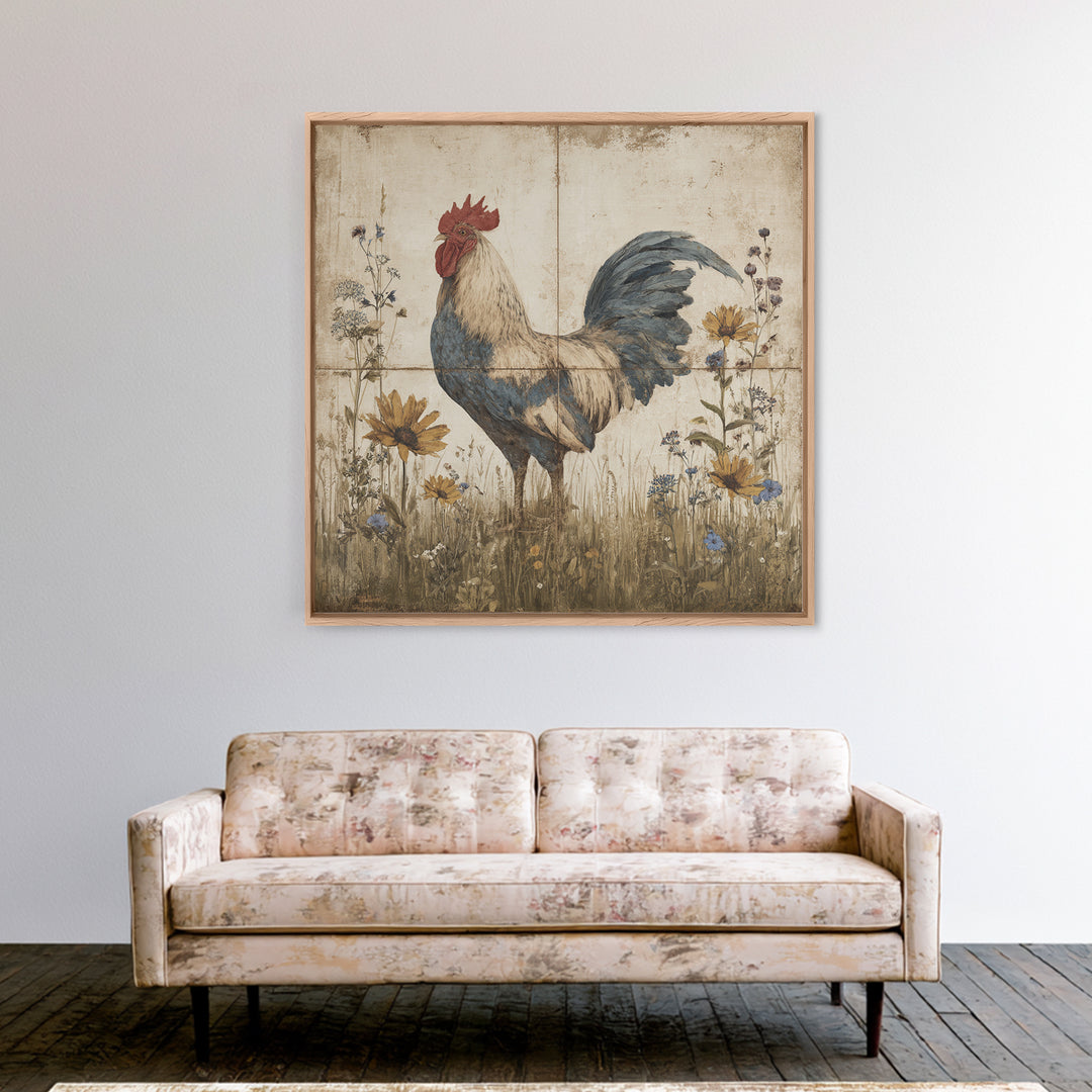 Rooster and Wildflower Country Portrait Canvas Print, Bed and Breakfast Art, Modern Decor, Living Room Decor, BAB-1x1-67