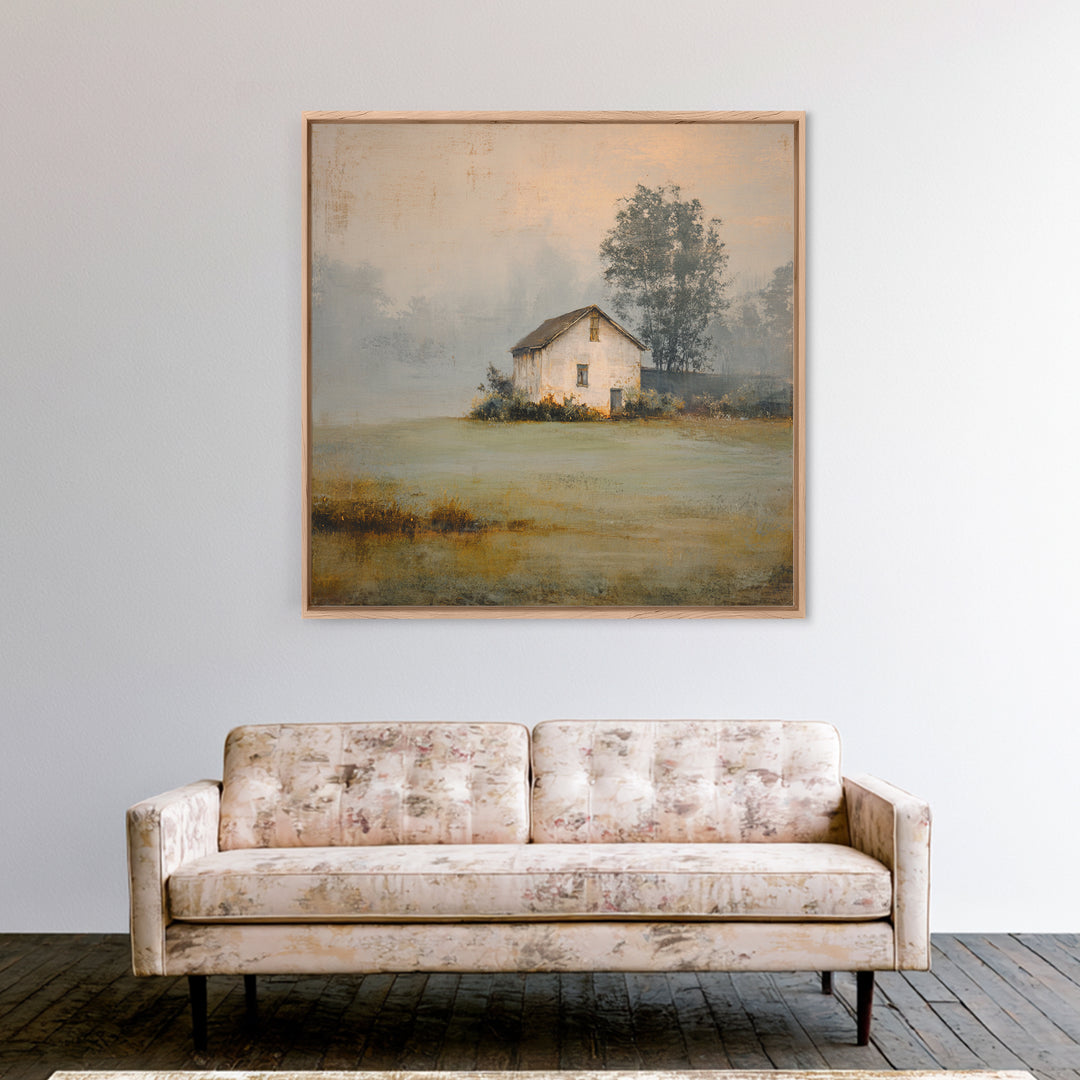 Old Farmhouse Landscape Framed Canvas Print, Bed and Breakfast Art, Wood Wall Art, Living Room Decor, Oil Painting, BAB-1x1-7