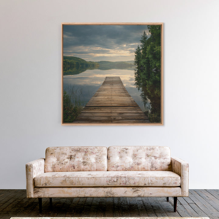 Quiet Lake Dock at Early Morning Framed Canvas Print, Bed and Breakfast Art, Coffee Wall Art, Living Room Decor, Oil Painting, BAB-1x1-70