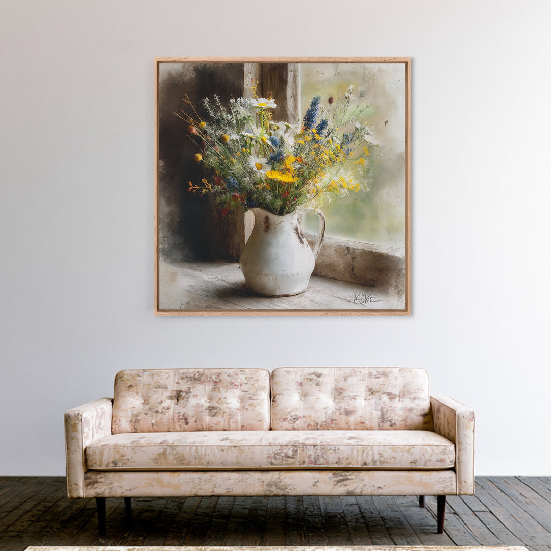 Country Wildflowers in a Chipped Ceramic Pitcher Canvas Print, Bed and Breakfast Art, Home Decor, Living Room Decor, BAB-1x1-73