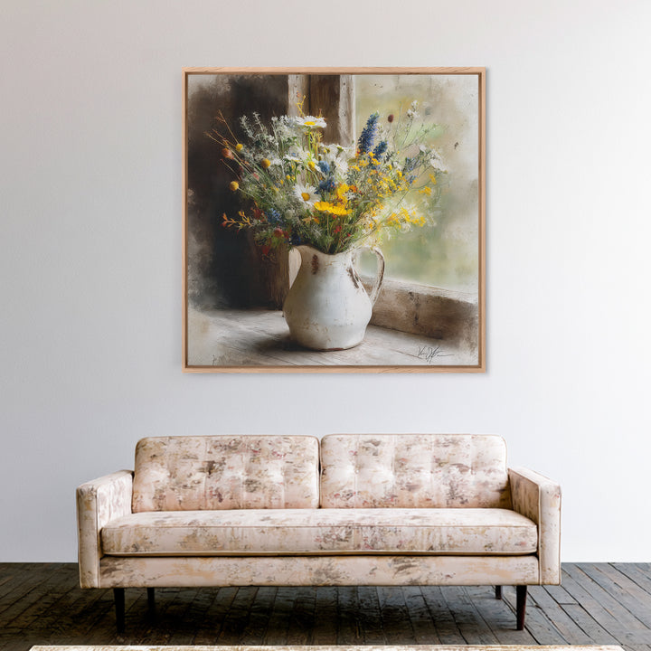 Country Wildflowers in a Chipped Ceramic Pitcher Canvas Print, Bed and Breakfast Art, Home Decor, Living Room Decor, BAB-1x1-73