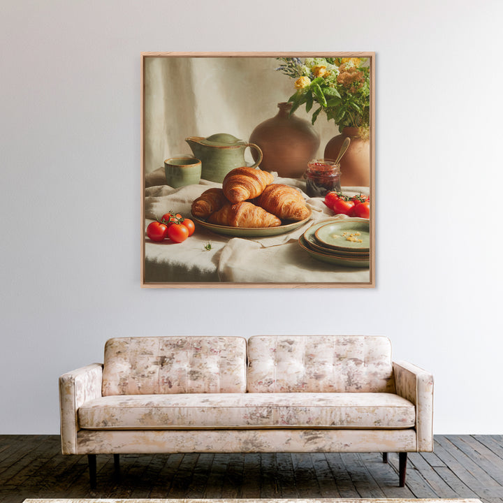 Fresh Croissants and Jam on a Linen Framed Canvas Print, Bed and Breakfast Art, Fine Art Print, Living Room Decor, Abstract Art, BAB-1x1-74