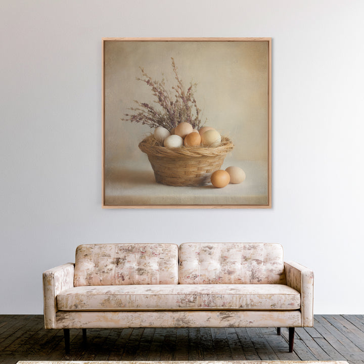 Fresh Eggs in a Woven Basket with Framed Canvas Print, Bed and Breakfast Art, Statement Artwork, Living Room Decor, Fine Art, BAB-1x1-78