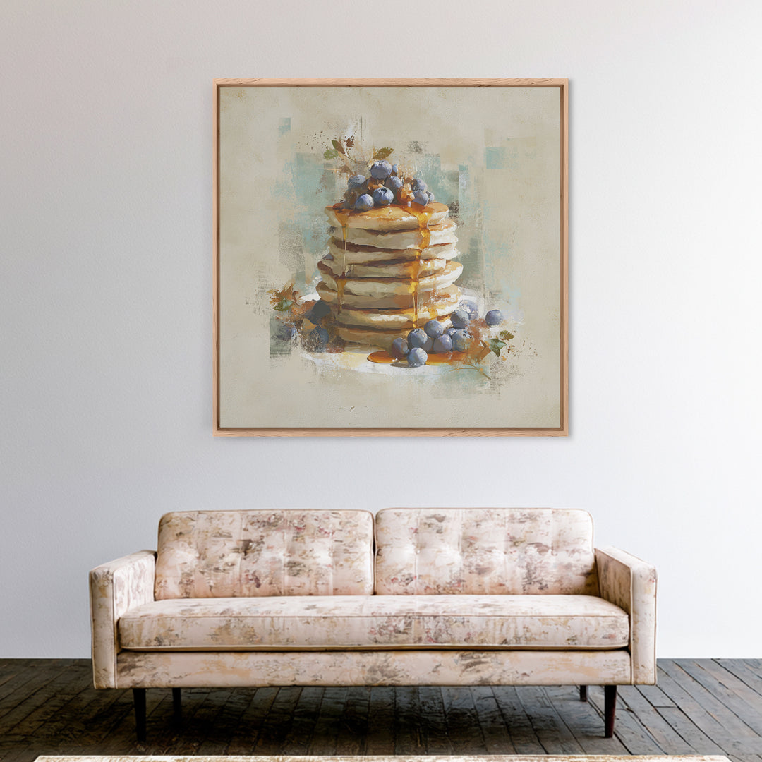 Blueberry Pancakes Still Life Framed Canvas Print, Bed and Breakfast Art, Printable, Living Room Decor, Fine Art, BAB-1x1-8