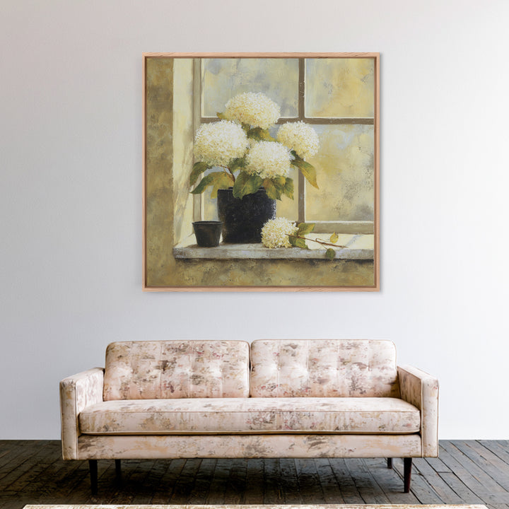 Sunlit Hydrangeas on a Windowsill Canvas Print, Bed and Breakfast Art, Boho Decor, Living Room Decor, Oil Painting, BAB-1x1-82