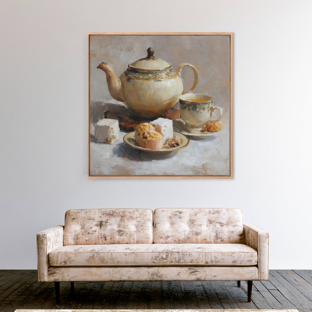 Porcelain Teapot and Scones Framed Canvas Print, Bed and Breakfast Art, Bedroom Prints, Living Room Decor, Abstract Art, BAB-1x1-84