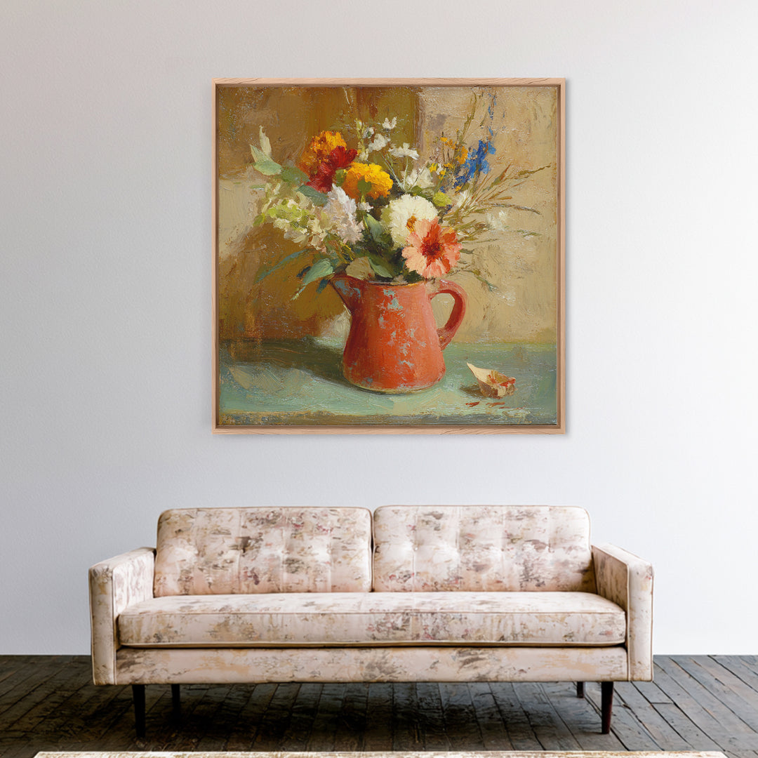 Country Wildflowers in a Chipped Ceramic Pitcher Canvas Print, Bed and Breakfast Art, Digital Art, Living Room Decor, Fine Art, BAB-1x1-97