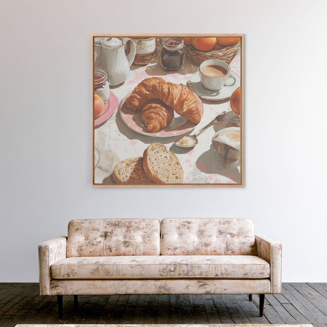 Fresh Croissants and Jam on a Linen Canvas Print, Bed and Breakfast Art, Textured Painting, Living Room Decor, Abstract Art, BAB-1x1-98