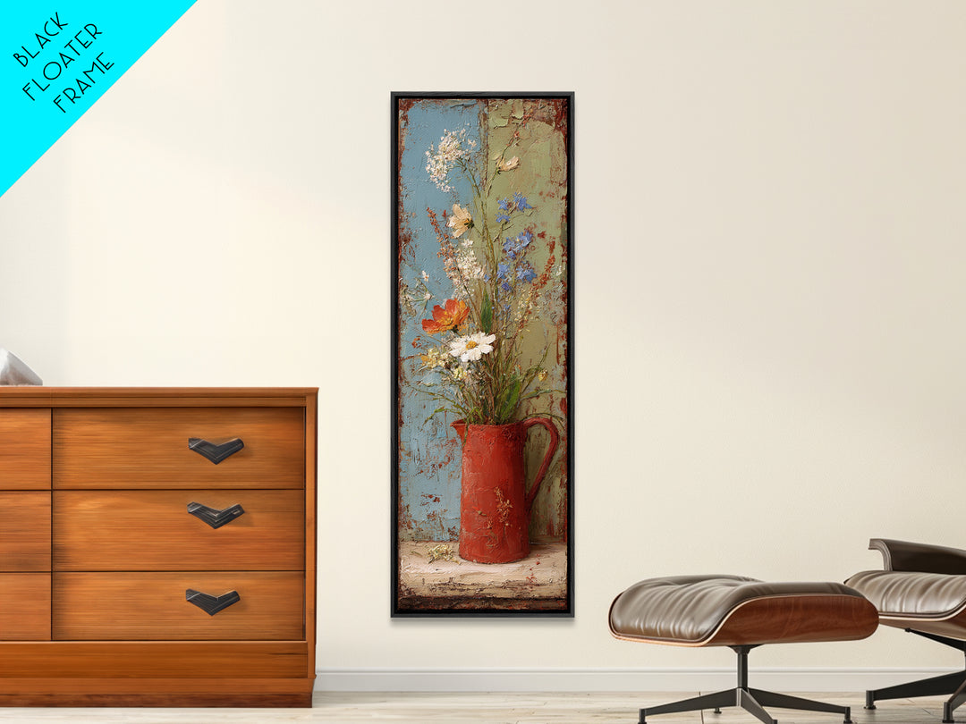 Country Wildflowers in a Chipped Ceramic Pitcher Canvas Print, Bed and Breakfast Art, Minimalist Decor, Living Room Decor, BAB-1x3-13