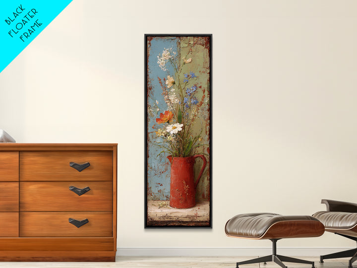 Country Wildflowers in a Chipped Ceramic Pitcher Canvas Print, Bed and Breakfast Art, Minimalist Decor, Living Room Decor, BAB-1x3-13