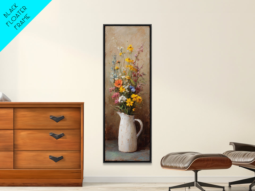 Country Wildflowers in a Chipped Ceramic Pitcher Canvas Print, Bed and Breakfast Art, Minimalist Decor, Living Room Decor, BAB-1x3-37