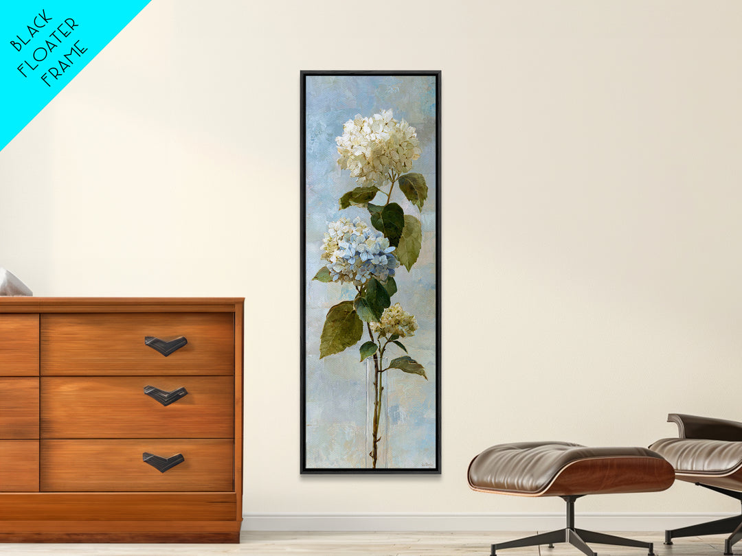 Sunlit Hydrangeas on a Windowsill Framed Canvas Print, Bed and Breakfast Art, Modern Decor, Living Room Decor, Fine Art, BAB-1x3-46