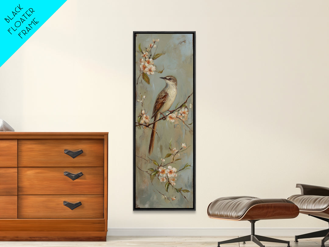 Small Bird on a Flowering Branch Framed Canvas Print, Bed and Breakfast Art, Fine Art Print, Living Room Decor, Watercolor Art, BAB-1x3-50