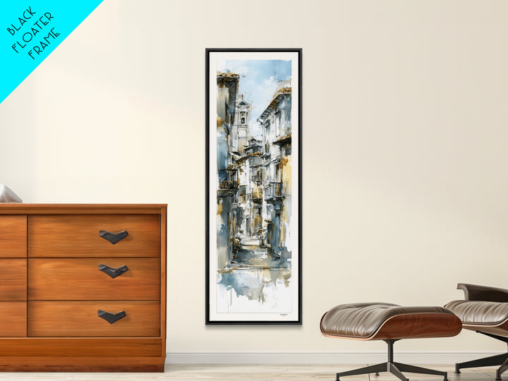 Soft Watercolor Village Street at Dawn Canvas Print, Bed and Breakfast Art, Print, Living Room Decor, Fine Art, BAB-1x3-65