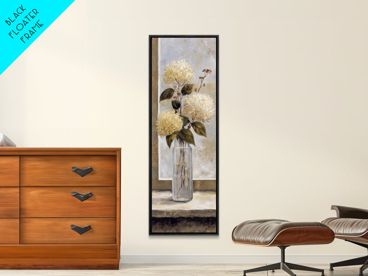 Sunlit Hydrangeas on a Windowsill Framed Canvas Print, Bed and Breakfast Art, Modern Decor, Living Room Decor, Fine Art, BAB-1x3-70