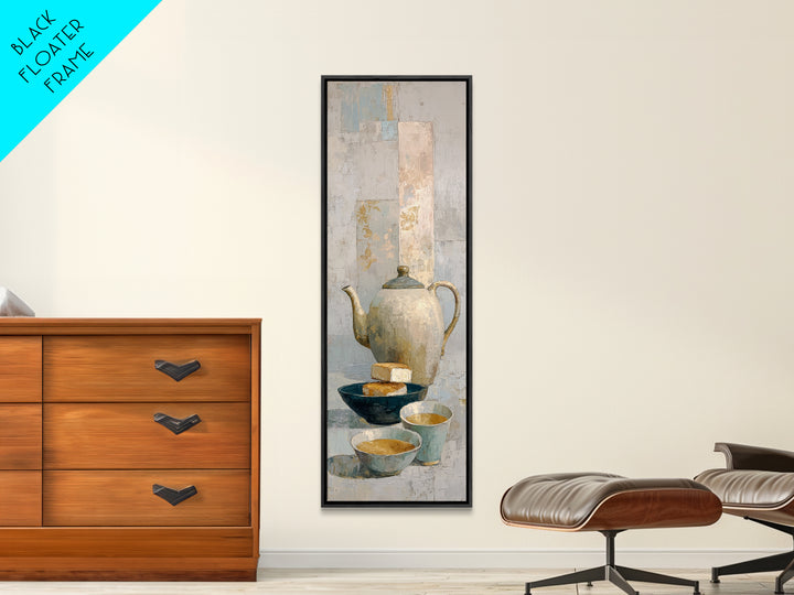 Porcelain Teapot and Scones Framed Canvas Print, Bed and Breakfast Art, Bedroom Prints, Living Room Decor, Abstract Art, BAB-1x3-96