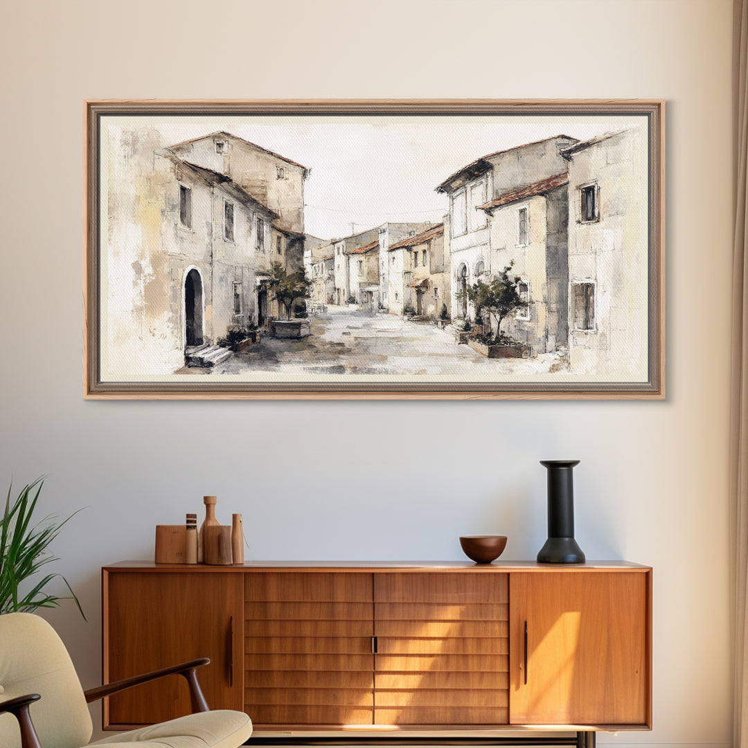 Soft Watercolor Village Street at Dawn Framed Canvas Print, Bed and Breakfast Art, Printable, Living Room Decor, Fine Art, BAB-2x1-1