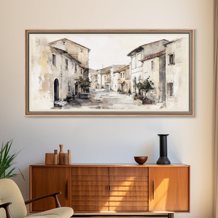 Soft Watercolor Village Street at Dawn Framed Canvas Print, Bed and Breakfast Art, Printable, Living Room Decor, Fine Art, BAB-2x1-1