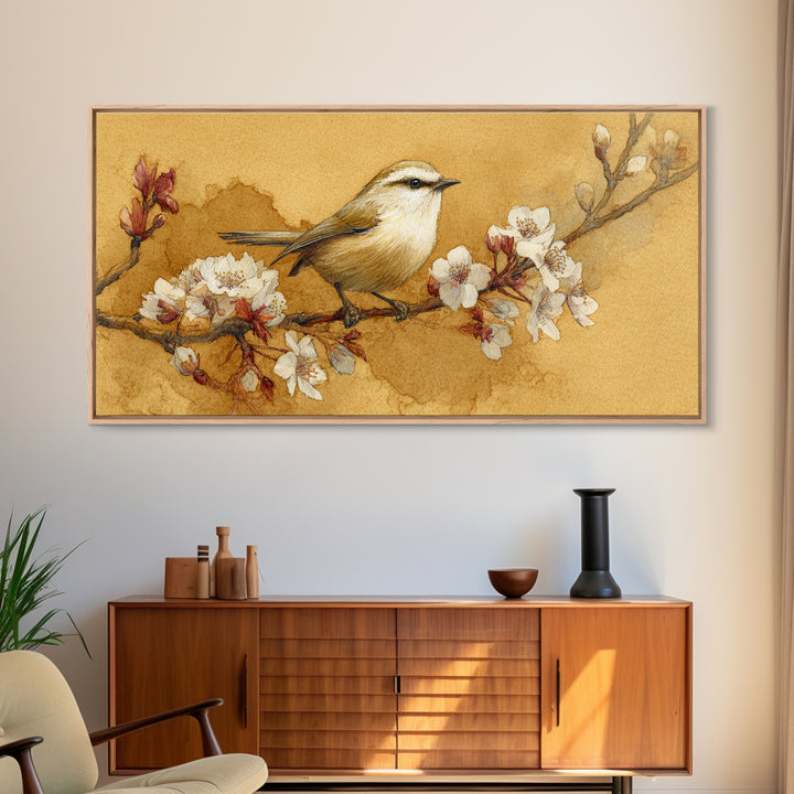 Small Bird on a Flowering Branch Canvas Print, Bed and Breakfast Art, Contemporary Art, Living Room Decor, Bedroom Wall Art, BAB-2x1-10