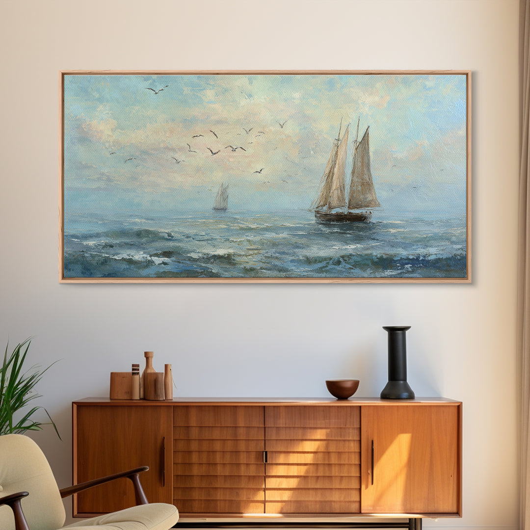 Coastal Inn Sailboat at Sunrise Framed Canvas Print, Bed and Breakfast Art, Print, Living Room Decor, Fine Art, BAB-2x1-13