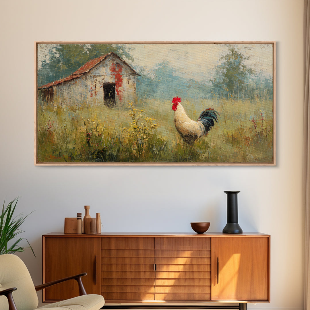 Rooster and Wildflower Country Portrait Framed Canvas Print, Bed and Breakfast Art, Home Decor, Living Room Decor, Fine Art, BAB-2x1-15