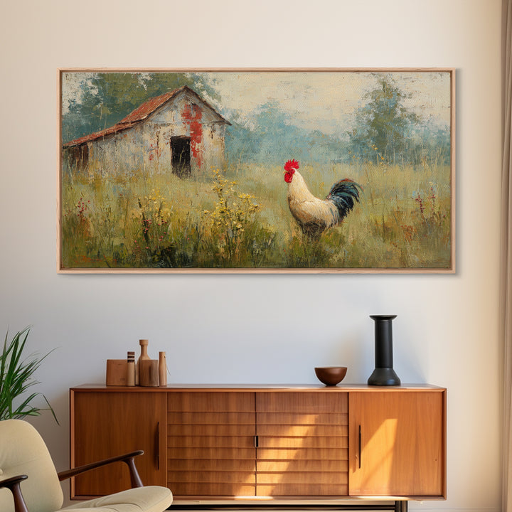 Rooster and Wildflower Country Portrait Framed Canvas Print, Bed and Breakfast Art, Home Decor, Living Room Decor, Fine Art, BAB-2x1-15