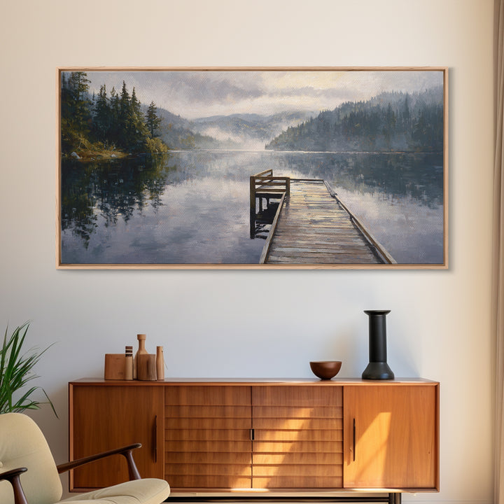Quiet Lake Dock at Early Morning Framed Canvas Print, Bed and Breakfast Art, Room Decor, Living Room Decor, Fine Art, BAB-2x1-18