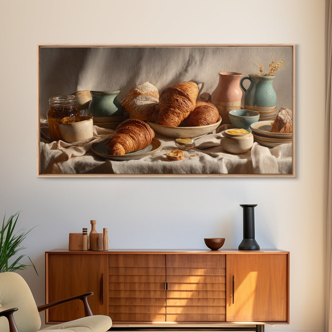 Fresh Croissants and Jam on a Linen Canvas Print, Bed and Breakfast Art, Textured Painting, Living Room Decor, Abstract Art, BAB-2x1-22