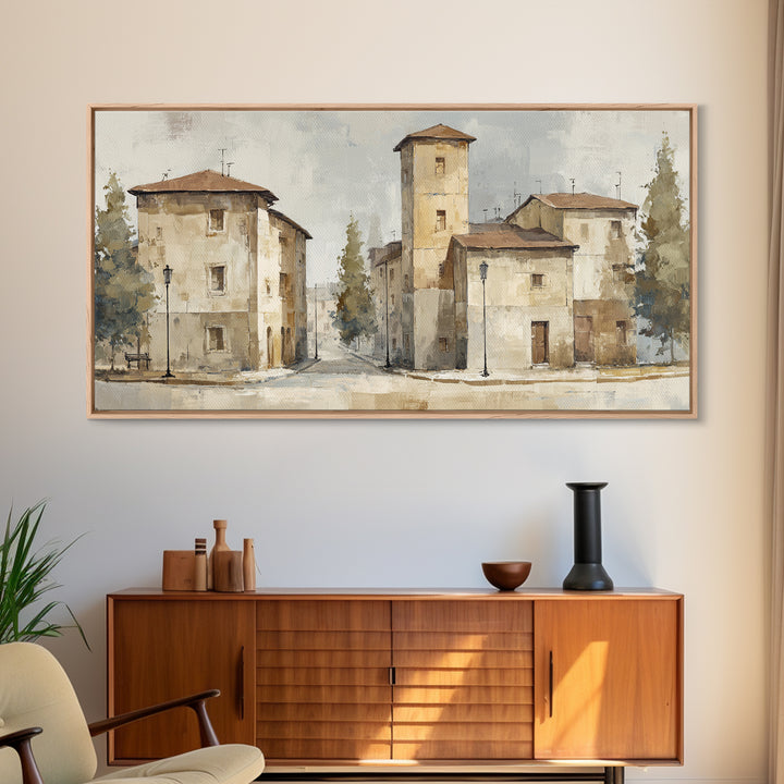 Soft Watercolor Village Street at Dawn Framed Canvas Print, Bed and Breakfast Art, Printable, Living Room Decor, Fine Art, BAB-2x1-25