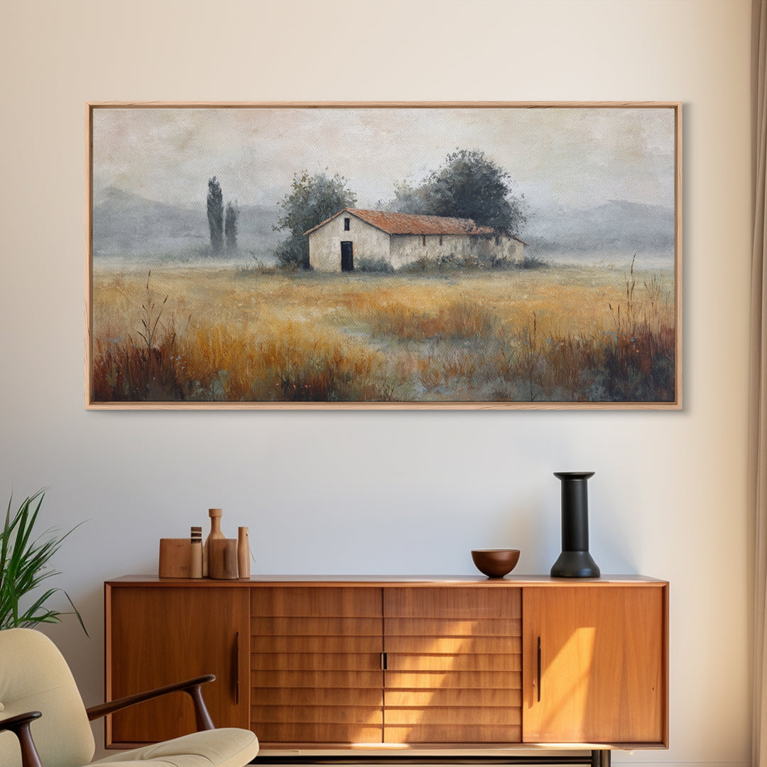 Old Farmhouse Landscape Framed Canvas Print, Bed and Breakfast Art, Boho Decor, Living Room Decor, Fine Art, BAB-2x1-27
