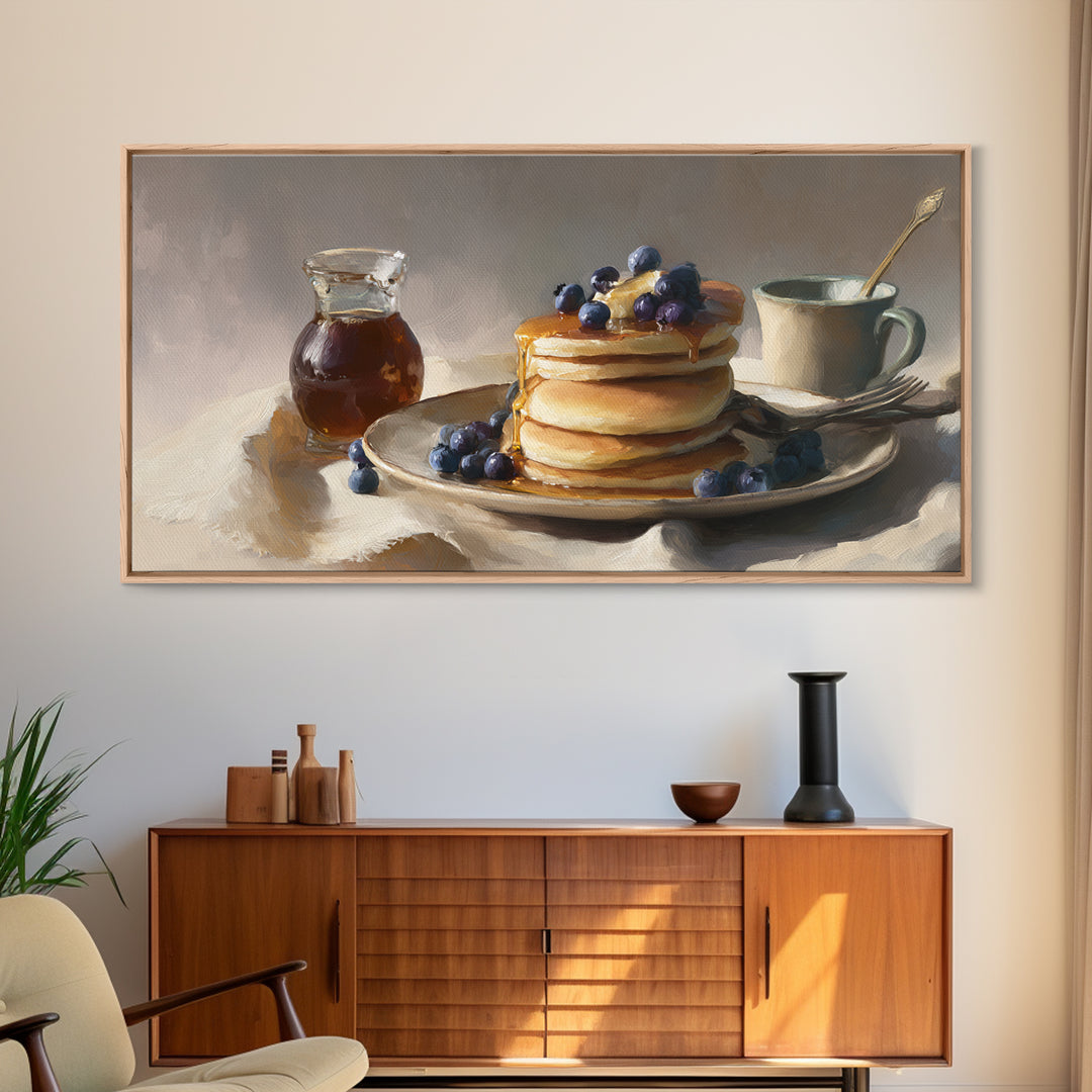 Blueberry Pancakes Still Life Framed Canvas Print, Bed and Breakfast Art, Contemporary Art, Living Room Decor, Fine Art, BAB-2x1-28