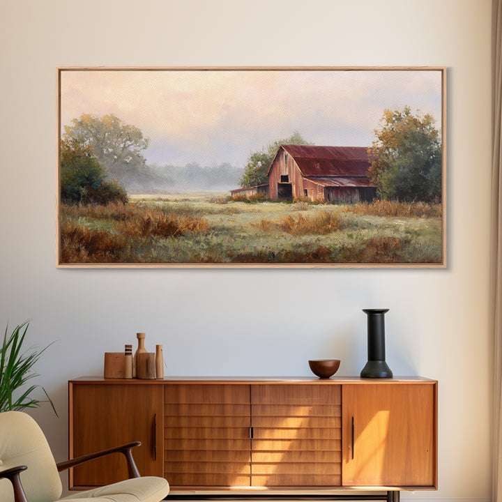 Old Farmhouse Landscape Framed Canvas Print, Bed and Breakfast Art, Wood Wall Art, Living Room Decor, Oil Painting, BAB-2x1-3