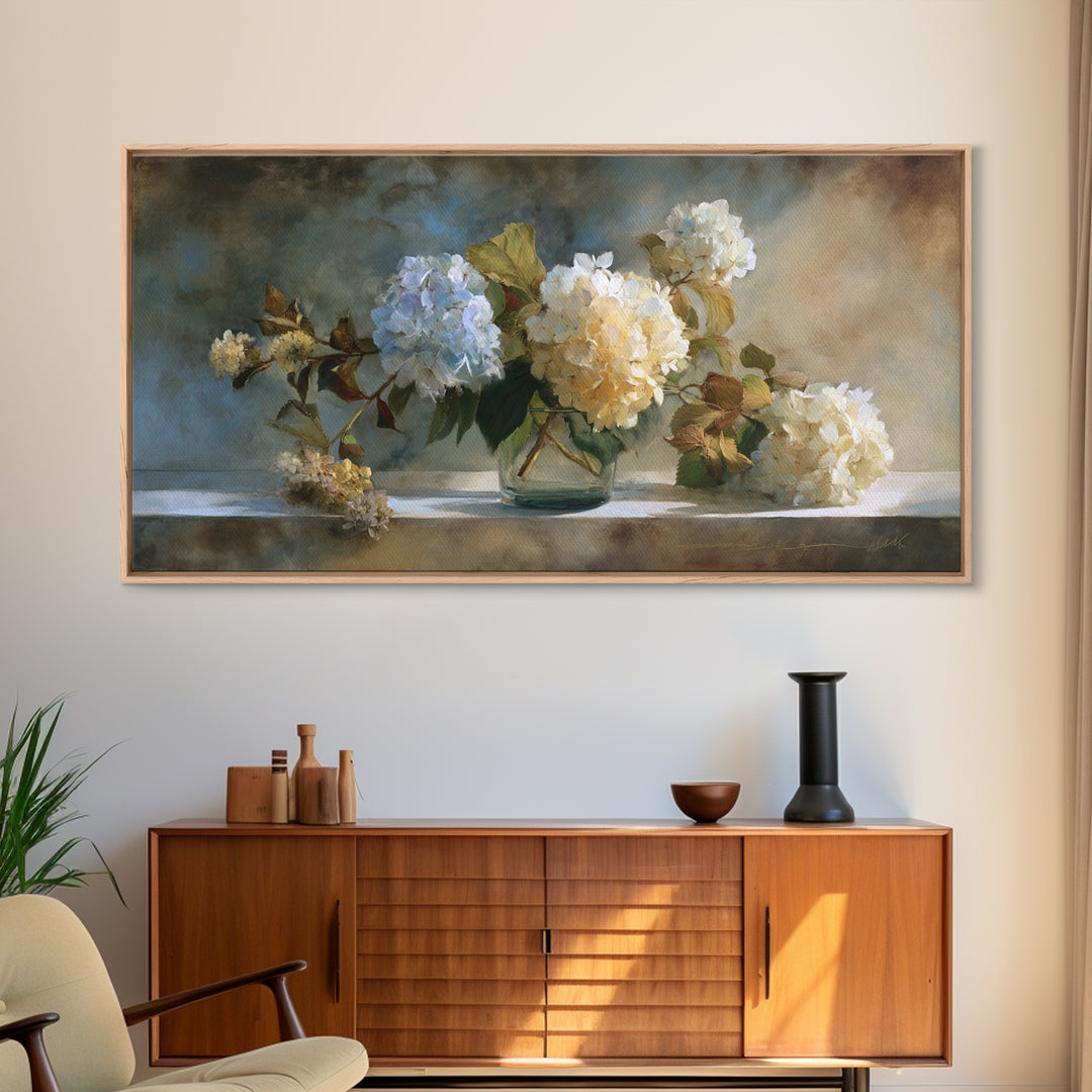 Sunlit Hydrangeas on a Windowsill Framed Canvas Print, Bed and Breakfast Art, Minimalist Decor, Living Room Decor, Fine Art, BAB-2x1-30