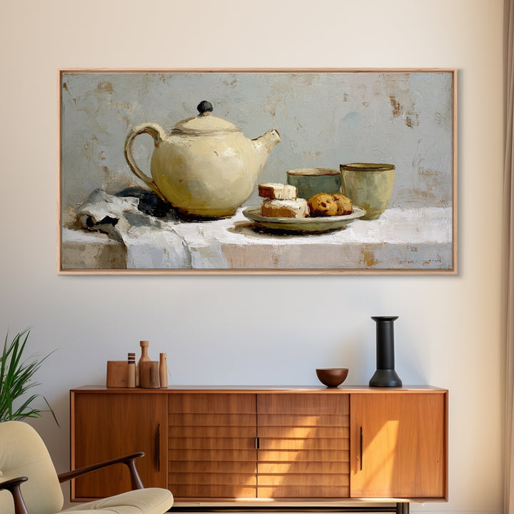 Porcelain Teapot and Scones Canvas Print, Bed and Breakfast Art, Wall Art, Living Room Decor, Oil Painting, Wood Wall Art, BAB-2x1-32