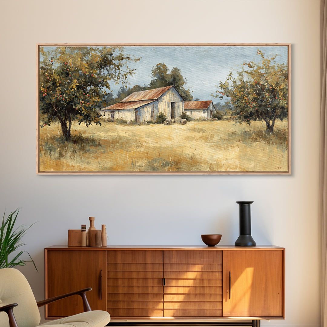 Apple Orchard Scene Framed Canvas Print, Bed and Breakfast Art, Decor, Living Room Decor, Fine Art, Dopamine Decor, BAB-2x1-33