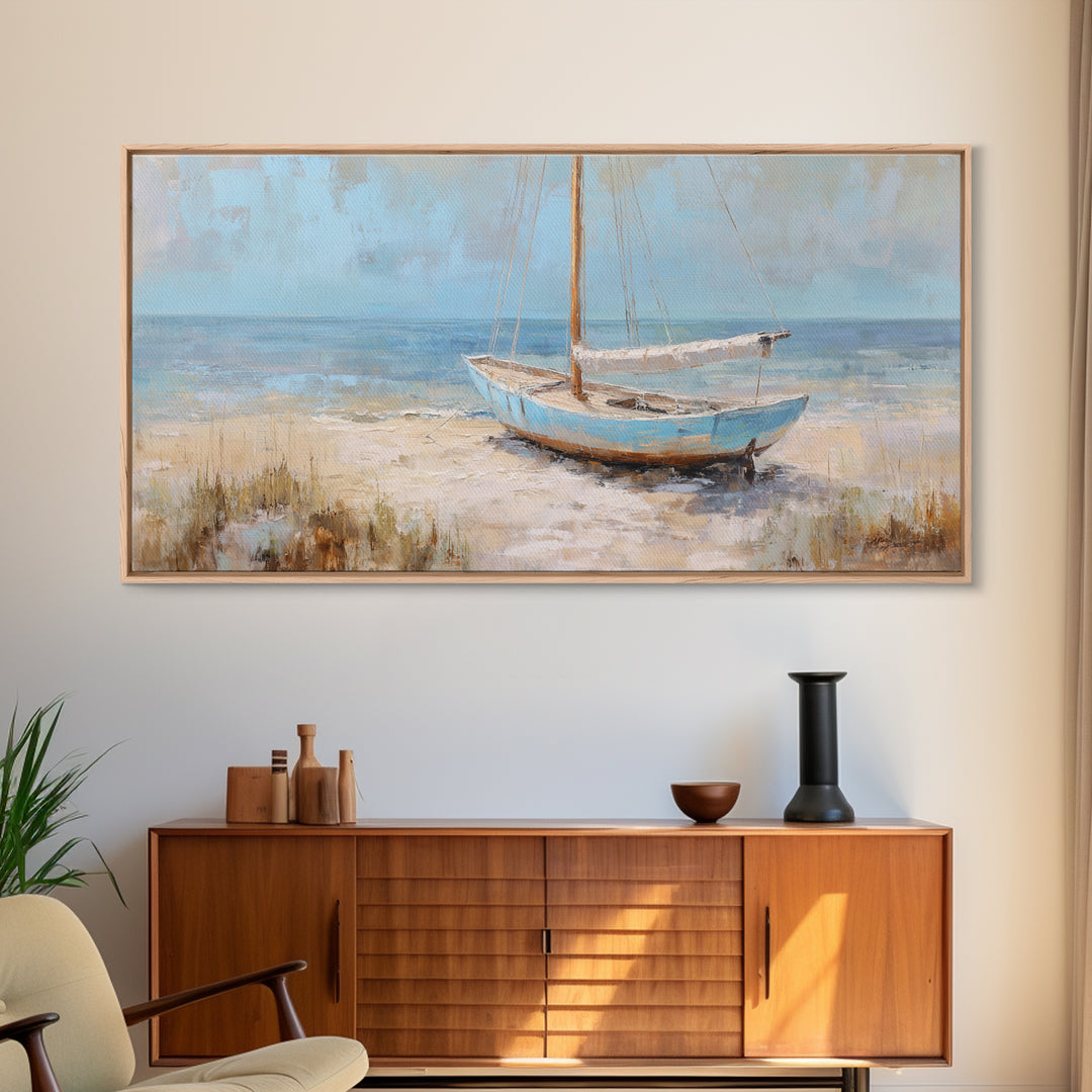 Coastal Inn Sailboat at Sunrise Framed Canvas Print, Bed and Breakfast Art, Print, Living Room Decor, Fine Art, BAB-2x1-37