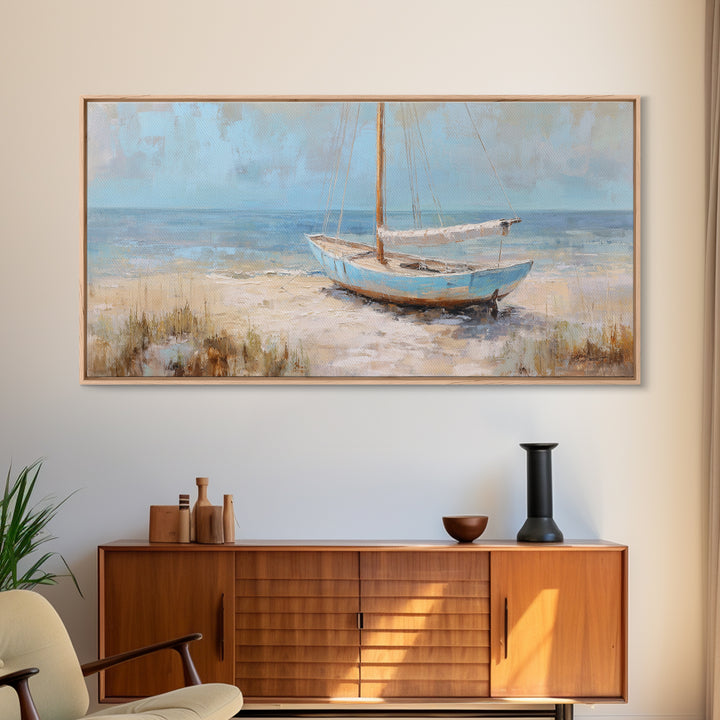Coastal Inn Sailboat at Sunrise Framed Canvas Print, Bed and Breakfast Art, Print, Living Room Decor, Fine Art, BAB-2x1-37