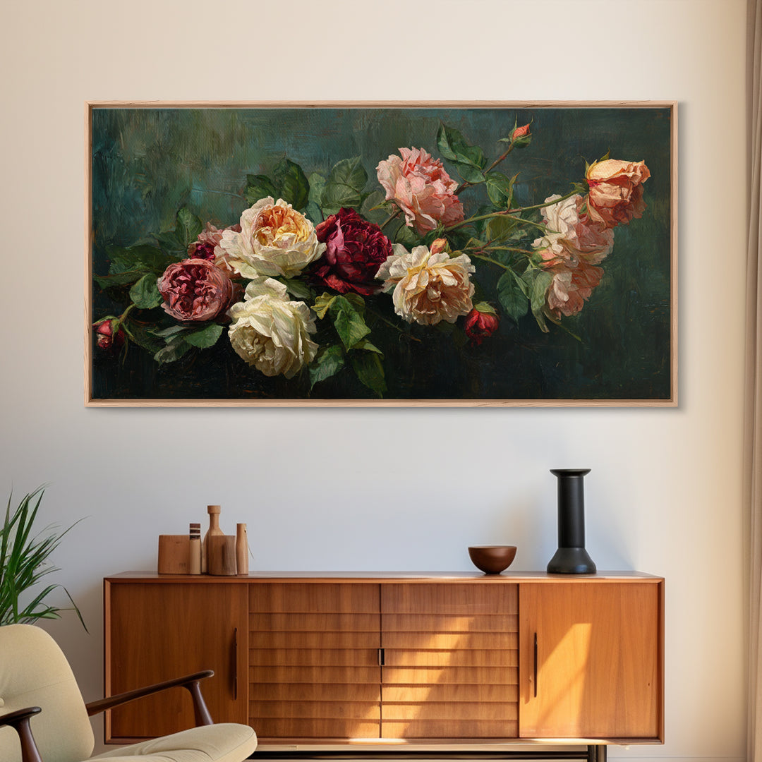 Garden Roses in Romantic Oil Paint Canvas Print, Bed and Breakfast Art, Art Print, Living Room Decor, Fine Art, BAB-2x1-41