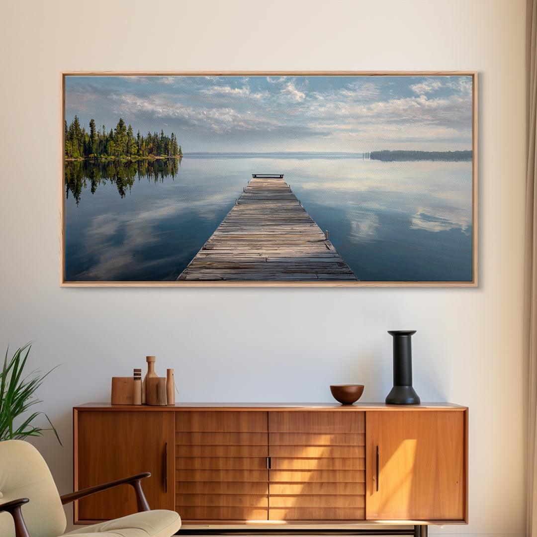 Quiet Lake Dock at Early Morning Framed Canvas Print, Bed and Breakfast Art, Room Decor, Living Room Decor, Fine Art, BAB-2x1-42